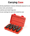 Beefy Half Inch Drive Shallow 6 Point Impact Socket Set With Case, 14 Pc, 25 to 38 mm, displayed in red carrying case