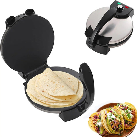 12 Inch Electric Roti Maker With Automatic Tortilla Press Function displaying stacked tortillas in open press.