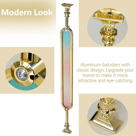 Heavy Duty Aluminum Stair Spindles With Smooth Colored Glass Panels Floor Mounted Deck And Porch Railings Set Of 10 37 Inch Tall weather-resistant baluster with gold accents and glass insert.