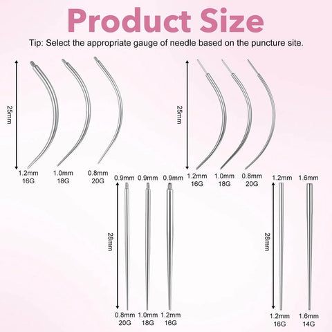 Diagram showing gauges 14G, 16G, 18G, 20G of the All-In-One Piercing Tool Set With Ball Grabber And Tapers, sizes labeled.