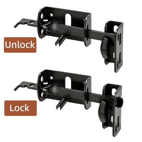 Heavy Duty Thumb Latch Self Locking Gate Latch For Wooden And Vinyl Fences 9 Inch Handle Double Sided Fence Hardware Kit showing lock and unlock positions.