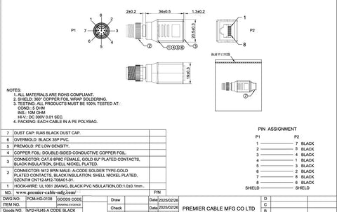 Technical diagram of Beefy M12 A Coding 8 Pin To RJ45 Cat6 Shielded Industrial Ethernet Adapter IP67 Bulkhead with dimensions and pin assignments.