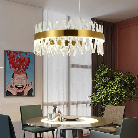 Gold Crystal Chandelier Modern Round Pendant Light With 3 Way Switch LED Crystal Lighting For Dining Room Kitchen Island Bedroom 23.6 Inch Diameter Ceiling Fixture