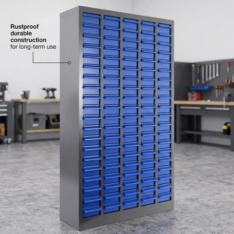 100 Drawer Bolt And Nut Organizer And Tool Storage Cabinet For Garage Workshop Grab And Go Access 26x9x46 Inches Rust Resistant Parts Cabinet For Hardware Storage in blue steel