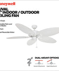 Duval 52 Inch Indoor Outdoor Ceiling Fan With Quick 2 Hang Mount Dual Mount 5 Blade Tropical Design Pull Chain ETL Damp Rated White