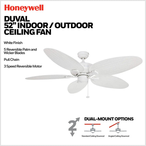Duval 52 Inch Indoor Outdoor Ceiling Fan With Quick 2 Hang Mount Dual Mount 5 Blade Tropical Design Pull Chain ETL Damp Rated White