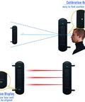 Diagram of Solar Wireless Outdoor Driveway Alarm Sensor With 3 Beam Photoelectric Detection, showing calibration process and red beams
