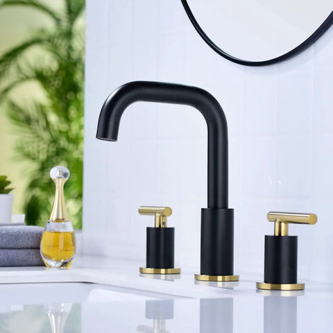 Matte Black And Brushed Gold 2-Handle 8-Inch Widespread Bathroom Faucet With Overflow Drain on white vanity