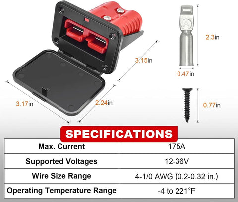 Two Pack 175 Amp SB175 Plug For 4 0 AWG Cables 12V 36V Car RV Boat Winch Quick Connectors With Protective Flap And Durable Flame Retardant Corrosion Resistant Housing dimensions and specs with terminals