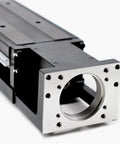 Compact High-Precision Linear Motion Guide Rail Actuator System Module With Custom Stroke For Small Footprint Projects, Rock-Solid Performance For CNC, Robotics, And Auto-Assembly. Black aluminum linear rail actuator with front flange.