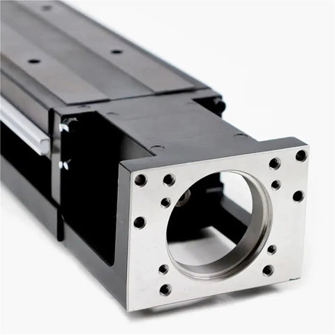 Compact High-Precision Linear Motion Guide Rail Actuator System Module With Custom Stroke For Small Footprint Projects, Rock-Solid Performance For CNC, Robotics, And Auto-Assembly. Black aluminum linear rail actuator with front flange.
