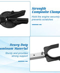 AHIER adjustable boat transom saver clamp front view with black composite head and mounting arm

AHIER transom saver clamp side view showing black composite jaw and metal mounting bar

Close-up of the black heavy-duty composite clamp head with screws

Installed view of transom saver clamp mounted on aluminum rail