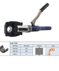 Pro Grade Hydraulic Copper Pipe Press Tool With U Th M V Dies For PEX Clamping And Copper Fittings, shown with specification chart