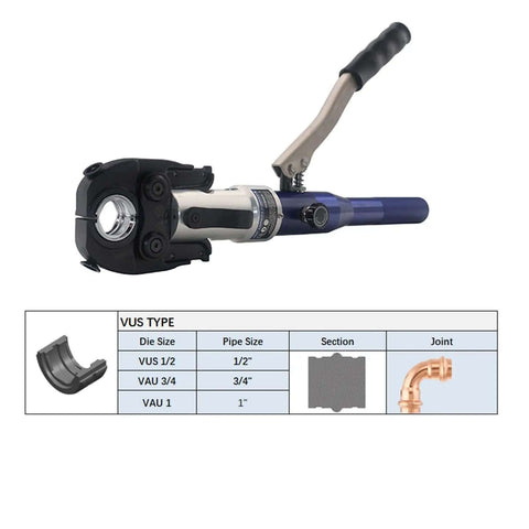 Pro Grade Hydraulic Copper Pipe Press Tool With U Th M V Dies For PEX Clamping And Copper Fittings, shown with specification chart