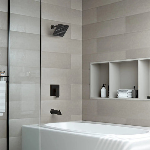 Bathroom with Oil Rubbed Bronze Shower Tub Kit With 8 Inch Rain Shower Head, Tub Spout, And Included Valve For Quick Reno Ready Upgrade
