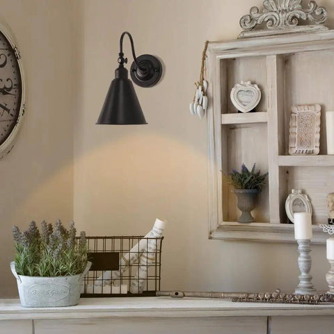 Swing Arm Wall Lamp Set 2 Pack Dope Rustic Vintage Sconce Lighting in a farmhouse setting with black finish and wall decor