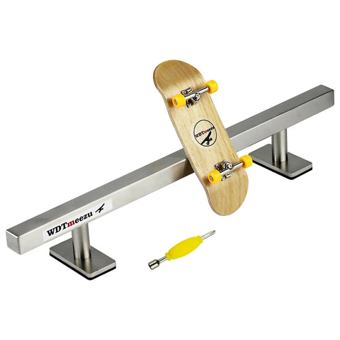32mm Wood Fingerboard With Bearing Wheels And 10 Inch Metal Flat Rail Ready To Ride Finger Skateboard Set With Five Ply Solid Wood Deck And Stainless Steel Rail For Dope Smooth Tricks, includes metal rail and tool.