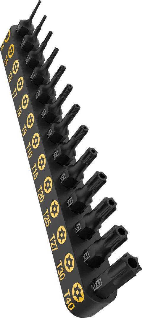 Tamper Resistant Torx Bit Set 13 Piece T4 Through T40 S2 Alloy Steel Impact Grade in Organizer Sleeve