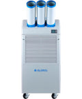 Industrial Grade Portable Air Conditioner With Triple Cold Air Nozzles To Crush Summer Heat Fast Covers Two Thousand Six Hundred Square Feet For Workshops And Server Rooms Features Quick Clean Washable Filters And Rolls Anywhere You Need It - Front view with blue nozzles and lockable casters.
