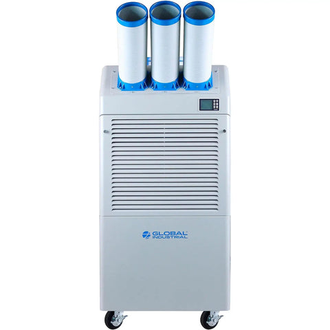 Industrial Grade Portable Air Conditioner With Triple Cold Air Nozzles To Crush Summer Heat Fast Covers Two Thousand Six Hundred Square Feet For Workshops And Server Rooms Features Quick Clean Washable Filters And Rolls Anywhere You Need It - Front view with blue nozzles and lockable casters.