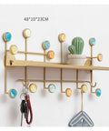 Double Wall Mount Coat Hook Wrought Iron Storage Organizer Retro Entryway Decor with colorful knobs and shelf for keys.