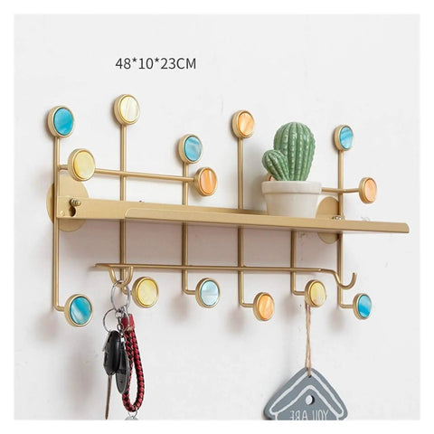 Double Wall Mount Coat Hook Wrought Iron Storage Organizer Retro Entryway Decor with colorful knobs and shelf for keys.