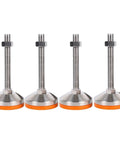 Heavy Duty Adjustable Leveling Feet Four Pack Rock Solid Carbon Steel Screw In Floor Stabilizers 80Mm Wide Base with orange rubber bases.