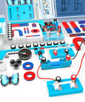 Kids Magnetic Science Kit With Electromagnet And Simple Circuit Experiments For School Lab Education Bar Ring And Horseshoe Magnets A Complete 25 Magnet Set For Hands On Learning And Creative Physics Projects shown with various components on a table.