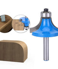 Pro 1/4 Inch Shank Round Over Router Bit Yg8 Alloy Milling Cutter For Wood Trimming Smooth Rounded Corners On MDF Plywood Solid Board Super Durable Tool with blue cutter head and curved wood piece.