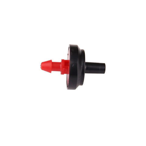 Side view of black and red one half GPH pressure compensating dripper for drip irrigation systems, easy install, 10 pack.