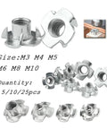 Beefy Four Claw T Nuts M4 To M10 Carbon Steel Blind Pronged Insert for Furniture Hardware and Speaker Mounts, shown in various sizes.