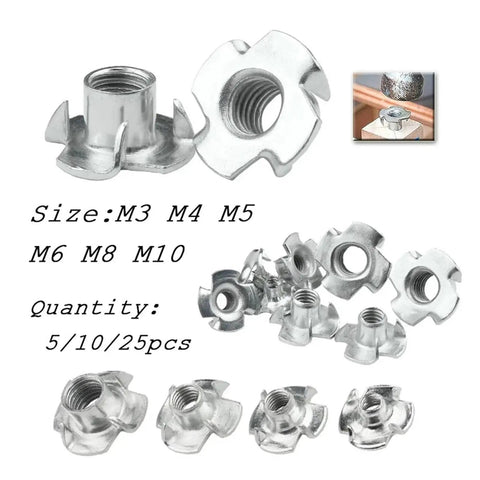 Beefy Four Claw T Nuts M4 To M10 Carbon Steel Blind Pronged Insert for Furniture Hardware and Speaker Mounts, shown in various sizes.