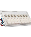 8 Gang Marine Switch Panel With Overload Protector And Red LED in white aluminum, angled view.