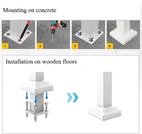 Installation guide for sturdy outdoor and indoor stair handrail kit for 1 to 2 steps on concrete and wooden floors.