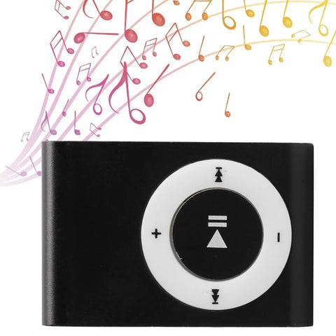 Go To Pocket MP3 Player For On The Go Tunes with music notes, Mini Clip On Music Player With Back Clip, Lightweight Black