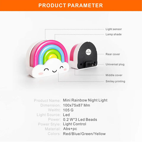 Rainbow Night Light Plug In With Dusk To Dawn Sensor, 0.5W LED Nursery Nightlight For Kids, Cute Smile Emoji design, product parameters shown