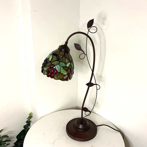 Grape Tiffany Style Stained Glass Table Lamp With Grapevine Decorated Base, 28-Inch Tall, 7-Inch Wide, Handmade Glass Craft, Warm White Glow