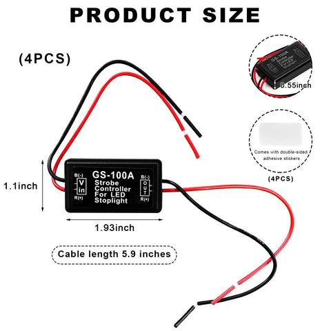 Universal 4 Pack Led Brake Light Strobe Controller With 12V 24V Flasher Module For Cars Trucks Motorcycles, showing dimensions and wiring connections.