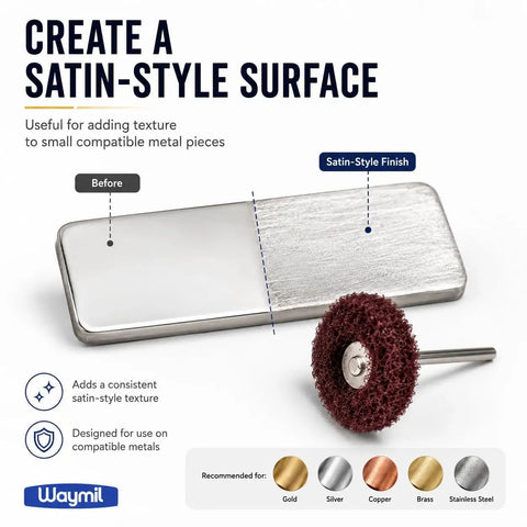 1 1 2 Inch Medium Grit Satin Finish Abrasive Buff Wheel With 1 8 Inch Shank Mounted For Rotary Tools And Flex Shaft to create a satin-style surface.