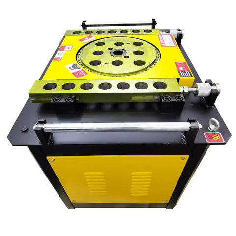 Heavy Duty Electric Rebar Bender Workhorse With Foot Pedal 50 Mm Max Capacity steel table view showing bending disc and gauges.