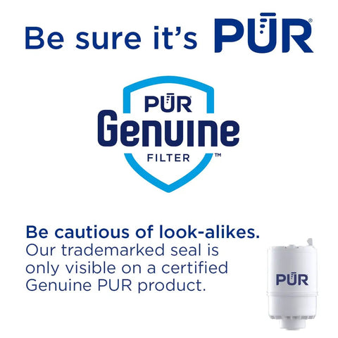 Certified Genuine PUR filter with trademark seal and caution message for Faucet Mount Water Filtration System For Cleaner Tap Water Lasts 100 Gallons Easy Tool Free Installation Fits Standard Kitchen Or Bathroom Faucets White.