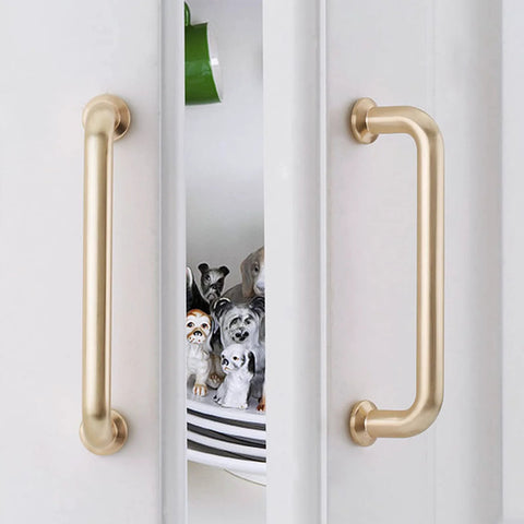 10 Pack 5 Inch Center To Center Brushed Brass Kitchen Cabinet Pulls Zinc Alloy Solid Round Cabinet Handles installed on white doors
