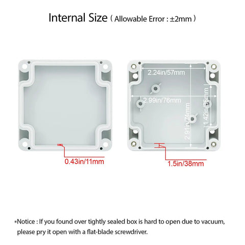 Hella Weatherproof Plastic Project Box With Ip65 Waterproof Grade For Diy Electronics And Pcb Mounting Solid Build Electrical Enclosure In Gray White showing internal size measurements.