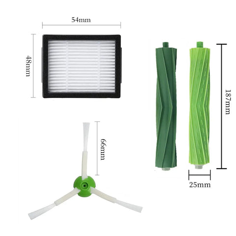 All In One Replacement Parts Kit For Robot Vacuum I Series E Series And J Series with brushes, HEPA filter, and side brush dimensions