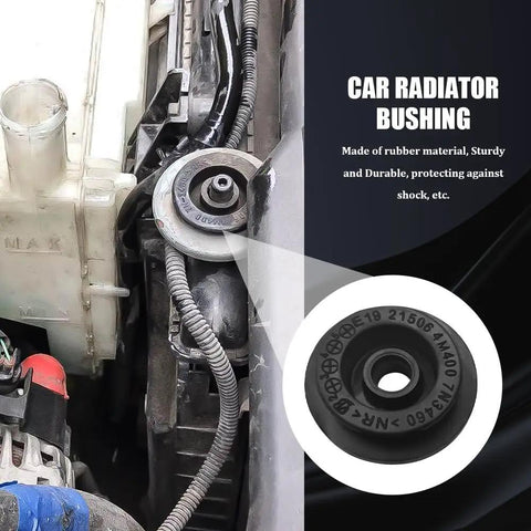 Close-up of installed rubber radiator bushing from 4 Piece Car Radiator Mount Bushing Rubber Replacement Set For Altima Murano Pathfinder Quest Rogue Beefy Reliable Heavy Duty Shock Absorbing Bracket OEM 21507-4M400 21506-4M400