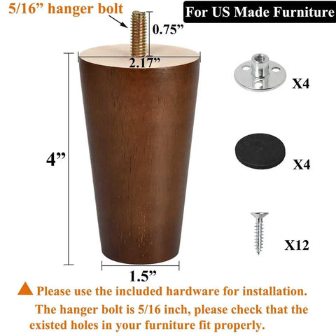 4 Inch Rubber Wood Sofa Legs Brown Replacement Feet For Couch Cabinet Futon Dresser Pack Of 4 Easy Install with hardware