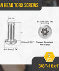 Five Pack 3/8 X 1 Inch Pan Head Torx Security Screws Stainless Steel T45 Antitheft License Plate Bolts showing dimensions and tamper-resistant design.
