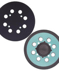 Heavy Duty 5 Inch Random Orbital Sander Replacement Pad 2 Pack Featuring Tough Pu Backing for rock solid sandpaper hold, two pads shown.