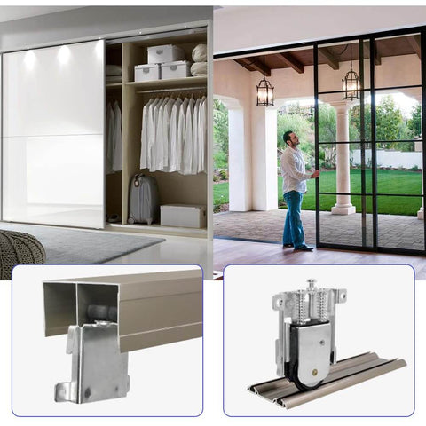 Sliding Door Roller Kit For Wardrobe And Patio Doors With Solid Wheel Bearings And Steel Frame Rails DIY Friendly Top And Bottom Wheels Durable Alloy Construction Replacement Part For Smooth Tracks And Easy Install, shown installed in wardrobes and patio doors with close-ups of wheels and frame.