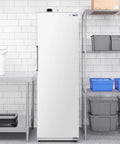No Hassle Commercial Upright Freezer With Automated Defrost And Sleek Digital Panel For Restaurants in clean white, 12 cu ft, with adjustable racks.